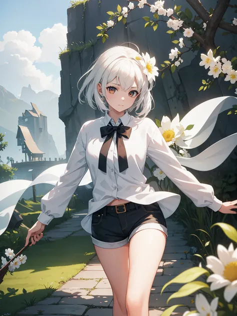 masterpiece, high quality portraits, 3D realistic CG, 16k, dramatic lighting, intricate details，white hair， (bykekitopu),In a trance,Award-winning, best quality, high resolution，Dumb，casual loose coat，short shorts，brown eyes，Scenes，Grassland flower sea,sho...