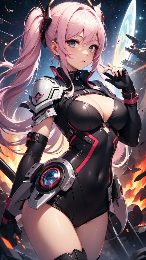 最high quality、best image quality、masterpiece、teenage girl((18-year-old、 By becoming、vest bust、medium bust,wide open breast tea、black eye, pink hAria、twin tails、thin,highest valley、Red Battlesuit、yellow arm parts、blue leg parts、Holding a big sword、Glowing r...