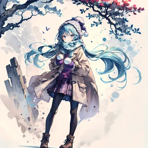 1 girl, alone, scarf, skirt, pantyhose, have, long hair, Plaid, coat, Plaid scarf, outdoor, Eyebrows visible through hair, looking at the audience, pleated skirt, blush, Mittens, Bangs, Wool cap, long sleeves, Black tights, snowing, Dutch Cape, boots, Tree...