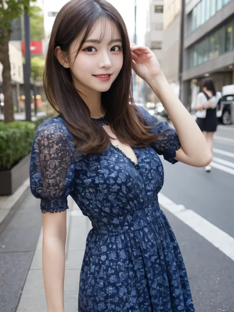 table top, highest quality, shape, Super detailed, finely, High resolution, 8k wallpaper, 完璧なダイナミックな構shape, beautiful and detailed eyes, dress,medium hair,  natural color lip, random sexy pose,smile,Aoyama Street Walk、24 year old girl