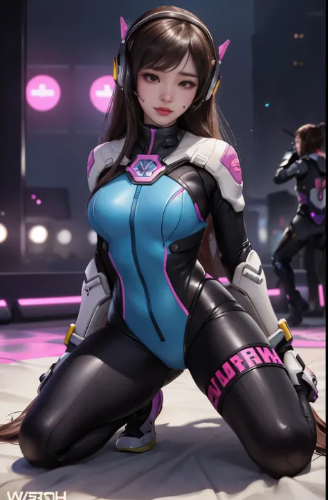 masterpiece, raw, realistic, high-resolution, (detailed), (photograpy), (photorealistic), (wide_shot:1.2), full_body, 1girl, solo focus, long hair, d.va (overwatch), brown hair, bodysuit, facial mark, whisker markings, seductive smile, large breasts, headp...