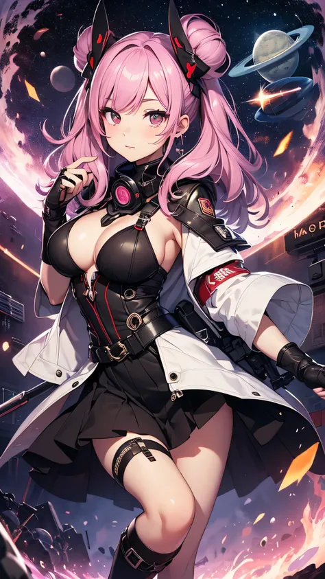 最high quality、best image quality、masterpiece、teenage girl((18-year-old、 By becoming、vest bust、medium bust,wide open breast tea、black eye, pink hAria、twin tails、thin,highest valley、red mechanic dress、With assault rifle、Glowing red wings,Aria、splatters、shoot...