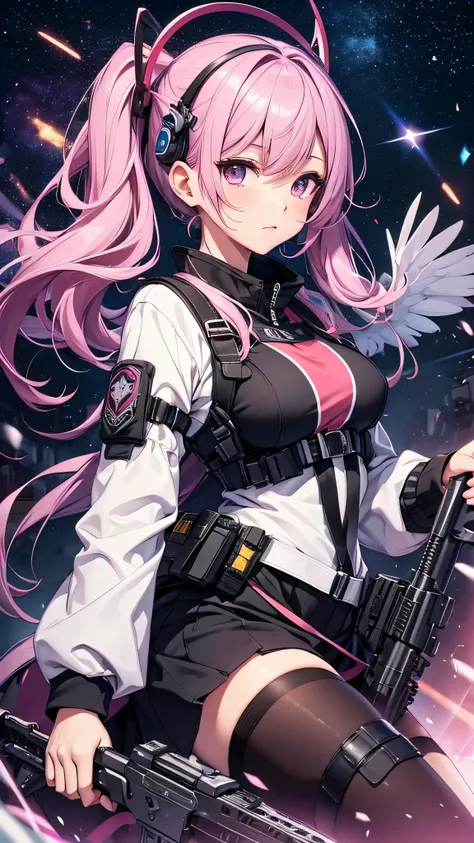 最high quality、best image quality、masterpiece、teenage girl((18-year-old、 By becoming、vest bust、medium bust,wide open breast tea、black eye, pink hAria、twin tails、thin,highest valley、red mechanic dress、With assault rifle、Glowing red wings,Aria、splatters、shoot...