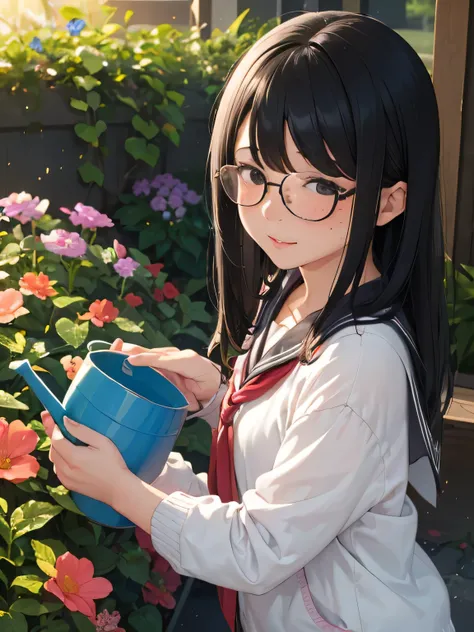 ((((((1 girl))))))(((Sunny、School flower beds)))、((water the flowers with a watering can))(((Soil land)))high school girl、(sailor suit、white cardigan)、flat chest、small ass、sober、low length、((((long bangs hide the eyes:1.5)))、((freckles))、(((long black hair...