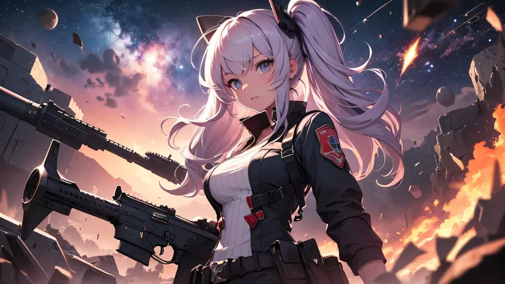 最high quality、best image quality、masterpiece、teenage girl((18-year-old、 By becoming、vest bust、medium bust,wide open breast tea、black eye, pink hAria、twin tails、thin,highest valley、red mechanic dress、Hold an assault rifle、Glowing red wings,Aria、splatters、sh...