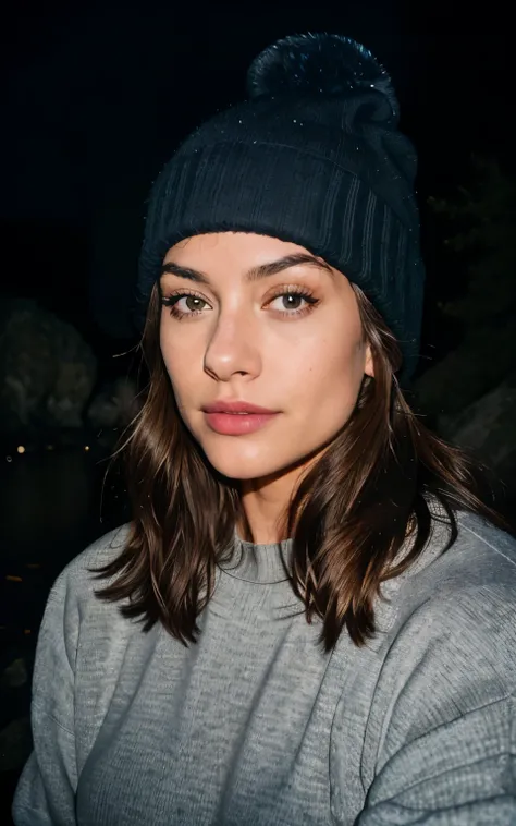 photorealistic, best quality, hyper detailed, beautiful woman, selfie photo, upper body, solo, wearing pullover, outdoors, (night), mountains, real life nature, stars, moon, (cheerful, happy), sleeping bag, gloves, sweater, beanie, flashlight, forest, rock...