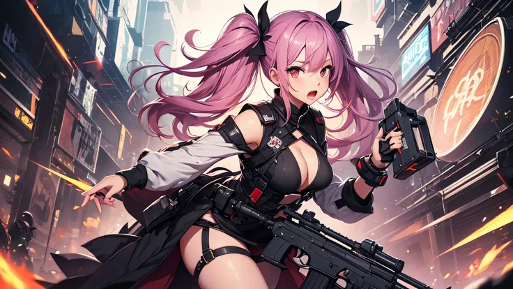 最high quality、best image quality、masterpiece、teenage girl((18-year-old、 By becoming、vest bust、medium bust,wide open breast tea、black eye, pink hAria、twin tails、thin,highest valley、red mechanic dress、Hold an assault rifle、Glowing red wings,Aria、splatters、sh...