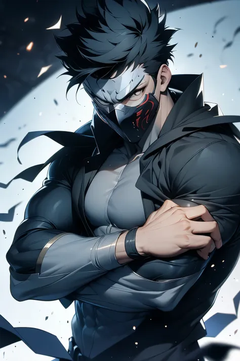 a tall and powerful man wearing a grey button shirt, super short black hair, wearing metallic mask and hiding identity. muscular...