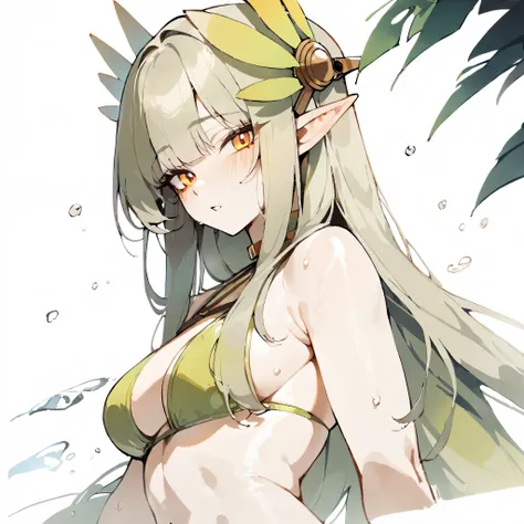 1 girl, muelsis (polar nights), polar nights,(masterpiece, Best quality:1.2), newest. simple background,White background. bikini, greens, water, Orange eyes,elf ears, from the nanny