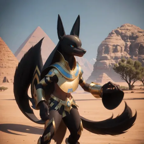 anubis, Surrealism, high detail, modern, motion blur, ray tracing, film grain, drop shadow, UHD, masterpiece, anatomically correct, super detail, 4K, (straight pose)model photo shot of a game character, palworld, pokemon, egyptian anubis, black and gold, s...