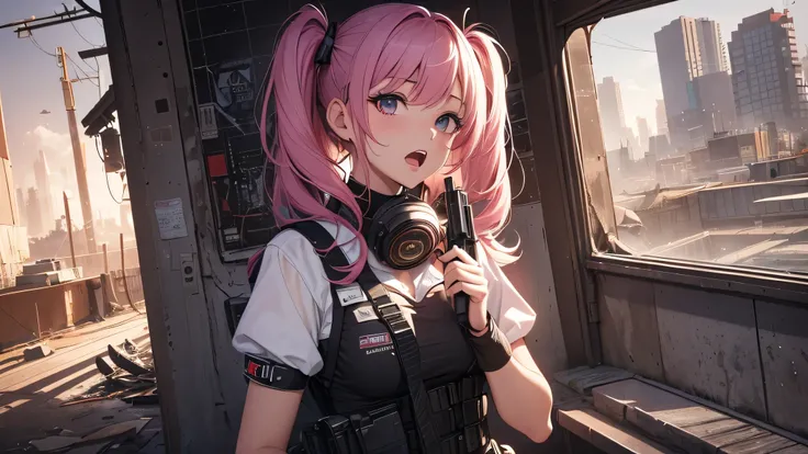 最high quality、best image quality、masterpiece、teenage girl((18-year-old、 By becoming、vest bust、medium bust,wide open breast tea、black eye, pink hAria、twin tails、thin,highest valley、red mechanic dress、Holds an assault rifle in the right hand、Glowing red wing...