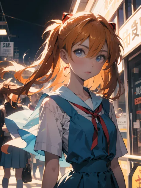 Asuka Langley Soryu，Blue eyes，hair between eyes，headware，Interface headset，Orange hair，Red ribbon、Ribbons、shcool uniform、skirts、Slip dress、Slip dress、Tokyo No. 3 Junior High School uniform、album artwork，Storytelling images