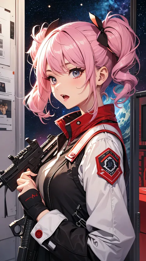 最high quality、best image quality、masterpiece、teenage girl((18-year-old、 By becoming、vest bust、medium bust,wide open breast tea、black eye, pink hAria、twin tails、thin,highest valley、red mechanic dress、Holds an assault rifle in the right hand、Glowing red wing...