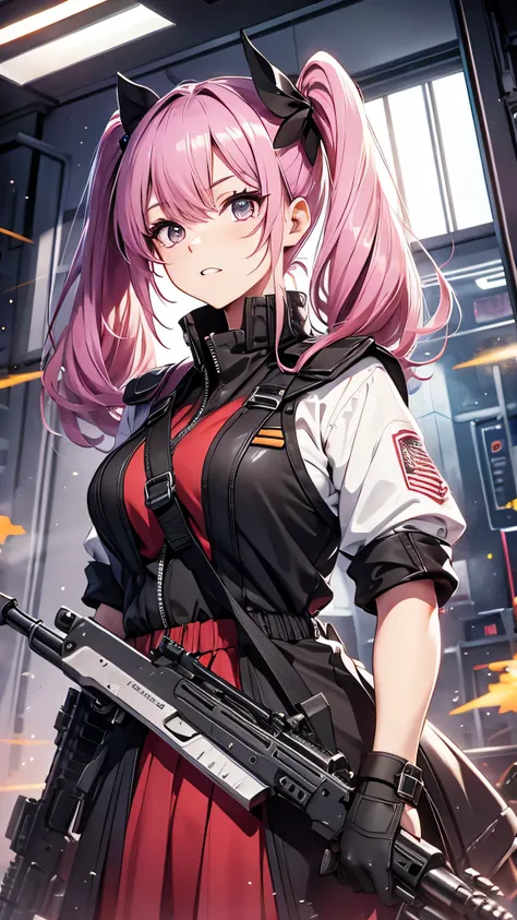 最high quality、best image quality、masterpiece、teenage girl((18-year-old、 By becoming、vest bust、medium bust,wide open breast tea、black eye, pink hAria、twin tails、thin,highest valley、red mechanic dress、Holds an assault rifle in the right hand、Glowing red wing...