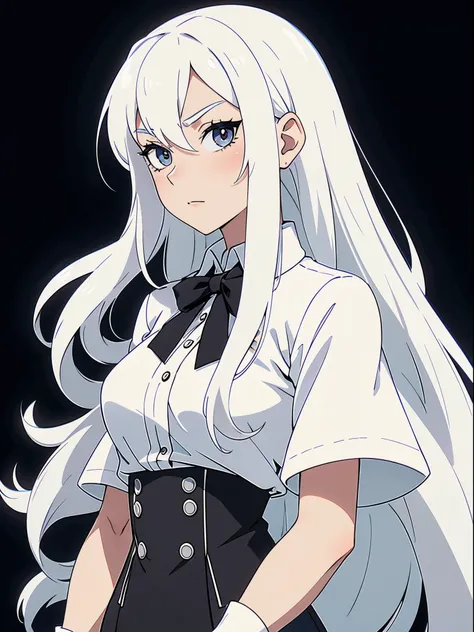 ((White hair)),((Head and Shoulders Image)),(super-long hair),Sexy,A person,Alone,Simple style,pancake ,Simple details,Black background,Empty background,Black background wall,(20 year old woman),(Cotehardie),(White Gloves),Lace Shirt,Waistcoat