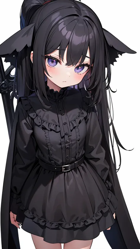 ((Super detailed)),highest quality,masterpiece,(1 black haired girl),Black goth loli clothes,(Are standing),solo,((whole body)), ((wearing a black gothic  costume)),((face)),(魅惑的な笑face),Wearing shoes on your feet,white background,