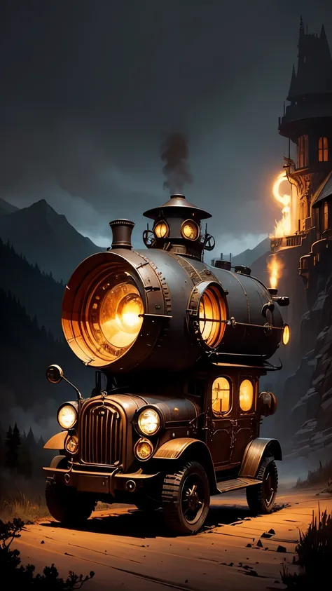 steampunkai。Mysterious little vehicle in a steampunk style。dark lighting。Traveling on an unpaved mountain road。dark night。