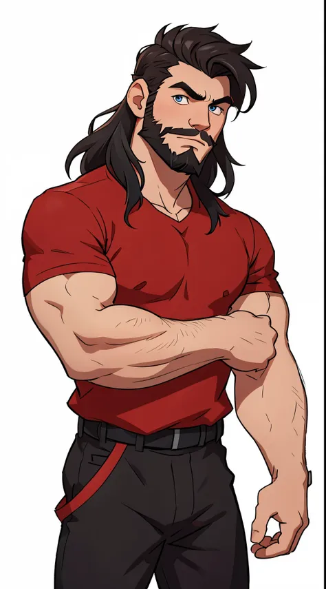 1 caucasian man solo, solo.he has a short black beard and he has black flowing hair. red shirt. white background