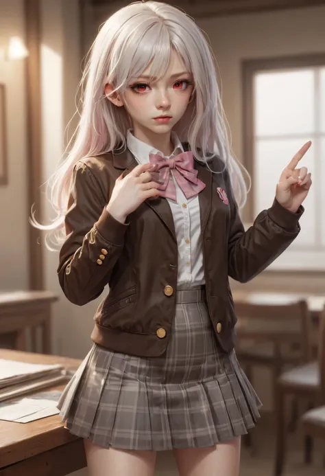 
(masterpiece, best quality:1.2), 1girl, solo, Anime, Anime art, (dark brown jacket), pink bow ,dynamic pose,Realistic proportions, correct anatomy, fingers on the hand, thumb, index finger, middle finger, ring finger, little finger,  red eyes, albino, Whi...