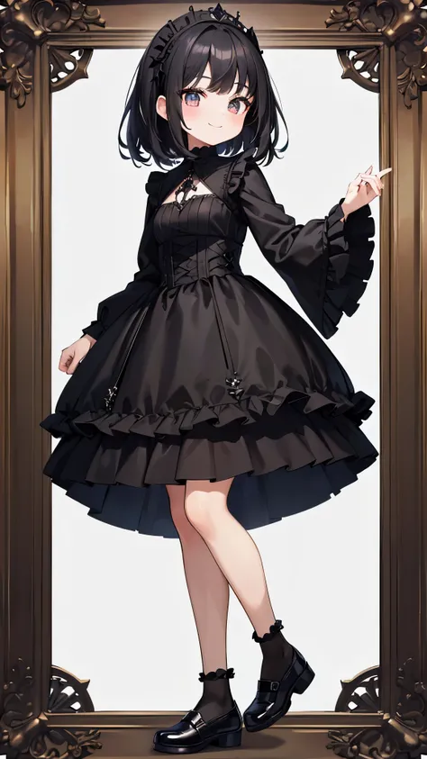 ((Super detailed)),highest quality,masterpiece,(1 black haired girl),Black goth loli clothes,(Are standing),solo,((whole body)), ((wearing a black gothic  costume)),((View from the front)),(enchanting smile),Wearing shoes on your feet,white background,