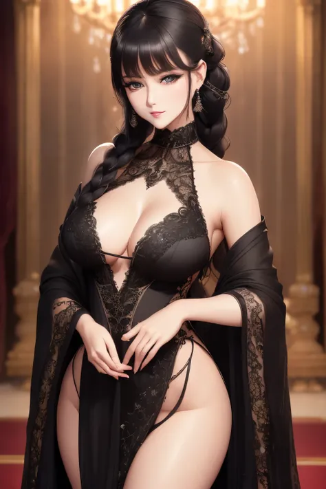 best quality, 32k, RAW photo, incredibly absurdres, extremely detailed, delicate texture, beautiful elegant lady, (wearing black elegant long dress, black lace embroidery robe), shy, glossy iridescent braided hair, perfect body line, great proportion, beau...