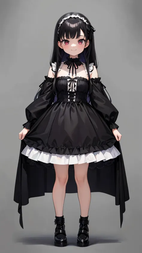 ((Super detailed)),highest quality,masterpiece,(30 years old with black hair),Black goth loli clothes,(Are standing),solo,((whole body)), ((wearing a black gothic  costume)),((View from the front)),(enchanting smile),Wearing shoes on your feet,white backgr...