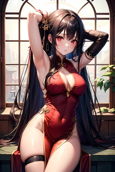 1girl, long tied hair, red eyes, showing armpit, beautiful armpits, thick thighs, less shine, wearing chinese dress, side boob, absurdres, masterpiece, oriental window