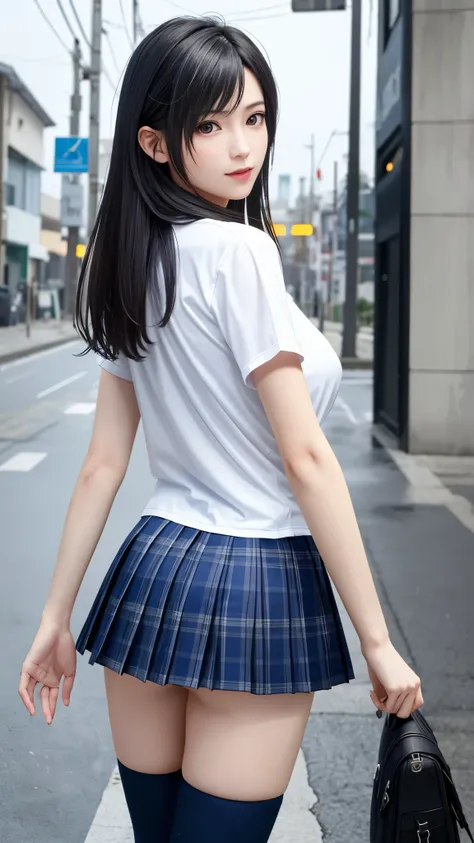 (top quality, masutepiece: 1.1), (Realistic: 1.3), (photoRealistic: 1.3),wallpapers, BREAK (((FF7,Tifa_lockhart))),behind view:1.3,(((Japan jk uniform,White short-sleeved shirt,Navy Blue Plaid Pleated mini-Skirt,Dark blue short socks,loafers))),(wet clothe...