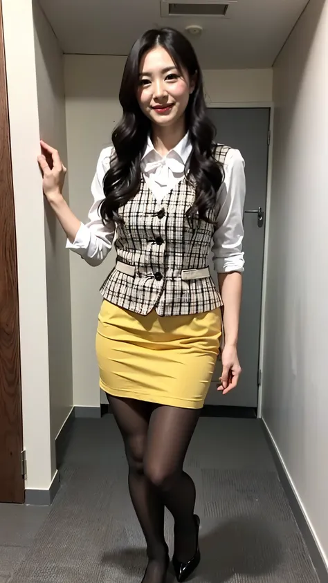 ulzzang-6500-v1.1, (RAW photo:1.2), (Photoreal), (genuine:1.4), １girl、perfect anatomy、48 years old、look at the camera、medium long hair、yellow checkered vest、((Are standing:1.3))、(super realistic pantyhose:1.2), (high heels)、(business services)、