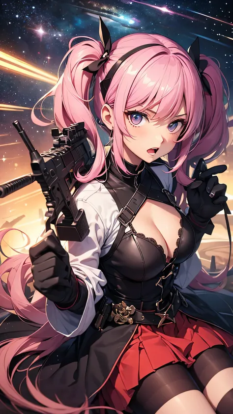 最high quality、best image quality、masterpiece、teenage girl((18-year-old、 By becoming、vest bust、medium bust,wide open breast tea、black eye, pink hAria、twin tails、thin,highest valley、red mechanic dress、Holds an assault rifle in the right hand、Glowing red wing...