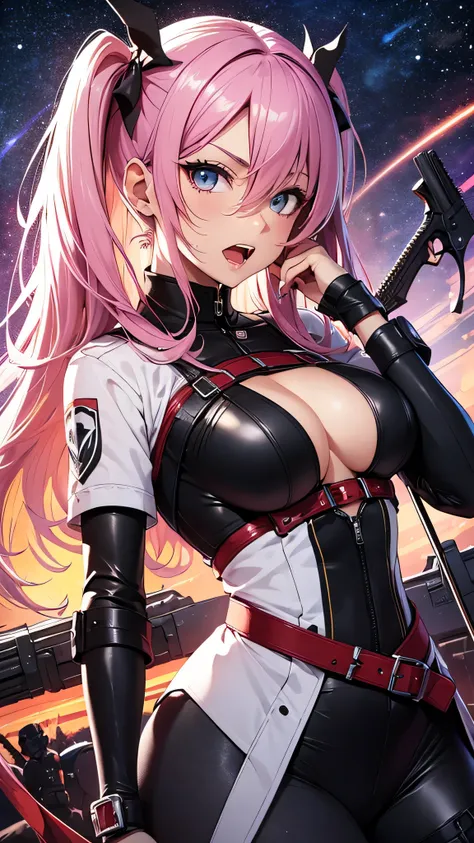 最high quality、best image quality、masterpiece、teenage girl((18-year-old、 By becoming、vest bust、medium bust,wide open breast tea、black eye, pink hAria、twin tails、thin,highest valley、red mechanic dress、Holds an assault rifle in the right hand、Glowing red wing...