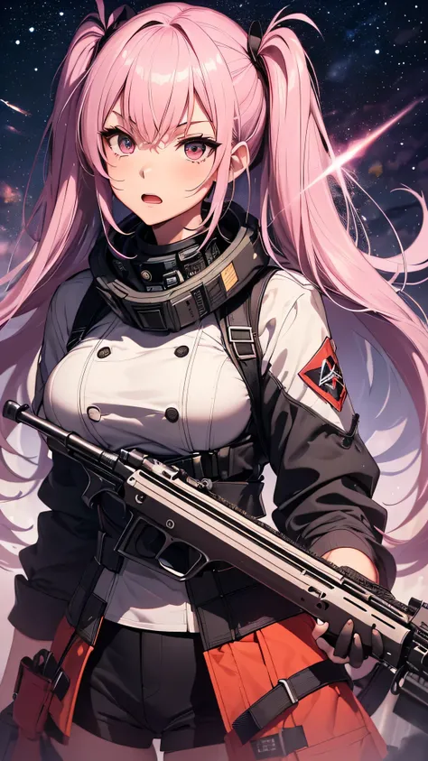 最high quality、best image quality、masterpiece、teenage girl((18-year-old、 By becoming、vest bust、medium bust,wide open breast tea、black eye, pink hAria、twin tails、thin,highest valley、red mechanic dress、Holds an assault rifle in the right hand、Glowing red wing...