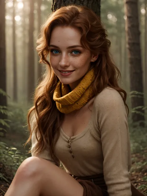 (Realistic:1.2), Photorealistic attractive beautiful woman with messy red hair, Blue eyes, small freckles, wear a long scarf and leg warmers, Princess Merida, brave, cute sexy, feminine pose, In the woods, Cinematic lighting, Ethereal light, complex parts,...