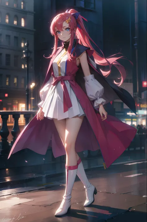 lacusclyne, lacus clyne, blue eyes, hair ornament, long hair, wave hair ornament, pink hair, ponytail, hair ribbon, hair clip,
BREAK ankle boots, black robe, boots, coat, long sleeves, red ribbon, ribbon, robe, sidelocks, sleeveless coat, white coat, white...