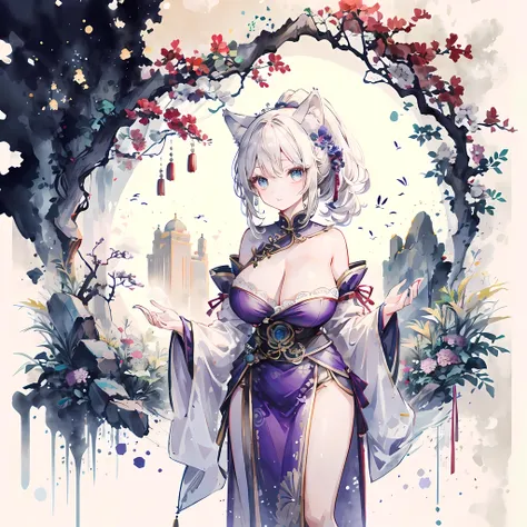 4K,high resolution,a woman,white hair,short ponytail,wolf ears,Wolfs tail,blue eyes,huge breasts,Empress of ancient China,Bright purple cheongsam,Chinese royalty