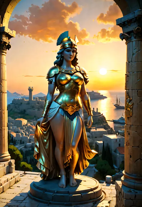 the corner castle terrace overlooks ancient city of rhodes with view of the port, mesmerizing giant statue of goddess athena bat...