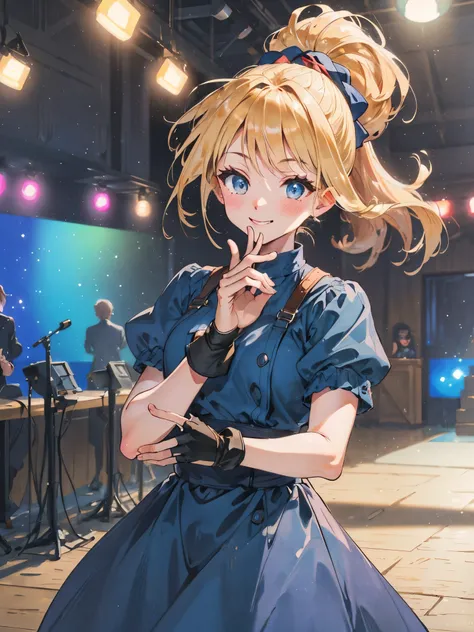 (masterpiece, best quality:1.2), cowboy shooting, alone, 1 girl, bagpiper, Smile, looking at the audience, (Put your hands on your cheeks:1.2), blonde hair, ponytail, blue dress, puffy short sleeves, fingerless gloves, kitchen