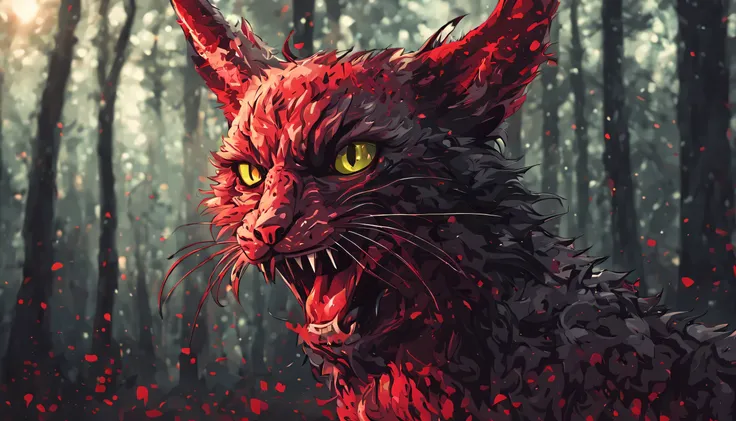 Cat, The background is a forest, 未来的なCat, Not humale, devil, scary expression, horn, male, red skin, long tongue, Black aura, blood splatter, anime style, Front view