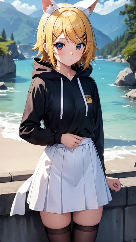 Kagamine rin , 1 girl , wearing a red hooded sweater , white miniskirt with gold horizontal lines , viendo al espectador , bragas visibles , rostro seductor ,(imagen de ultra alta calidad 8k ) obra maestra ( high-definition picture ) , maximum image resolu...