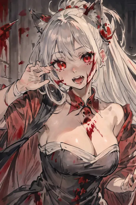 of a real，Perfect facial features，Realistic skin texture，Cute baby vampire girl，closeup cleavage，head portrait，with her mouth open，（See the throat：1.4），Blood-red eyes，（long canine teeth：1.4），There is blood on the teeth，long whitr hair，（blood stains at the ...