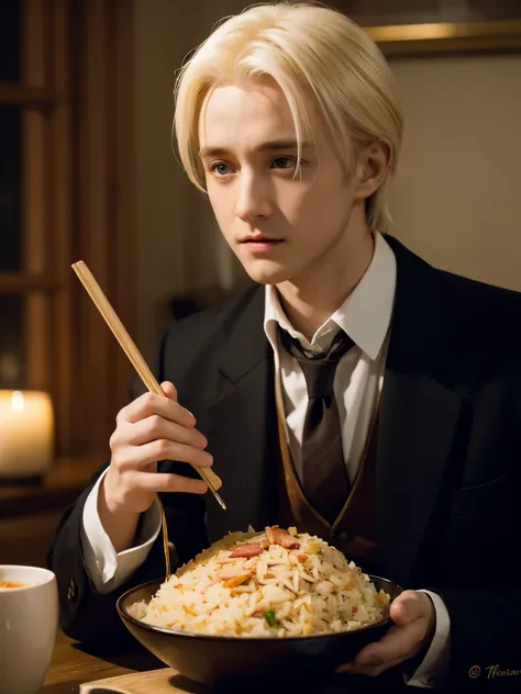 Draco Malfoy played by Tom Felton，Eat bacon fried rice，grace，Exquisite，meticulous portrait