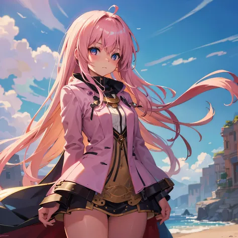 highest quality, masterpiece, Upper body, woman, windblown blonde hair, shining eyes, Steampunk nude style, lightly dressed, pink clothes, pink hair