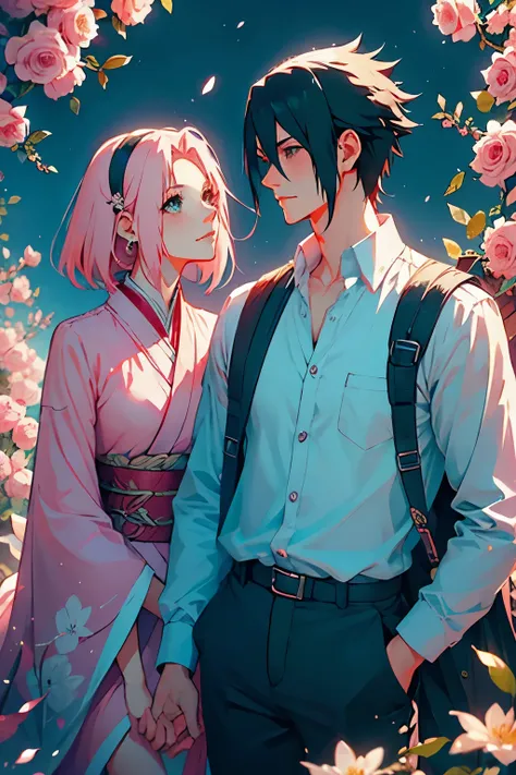 sasusaku the couple in the photo are deeply in love and lost in the moment. sasuke, the man is tall and handsome, with chiselled...