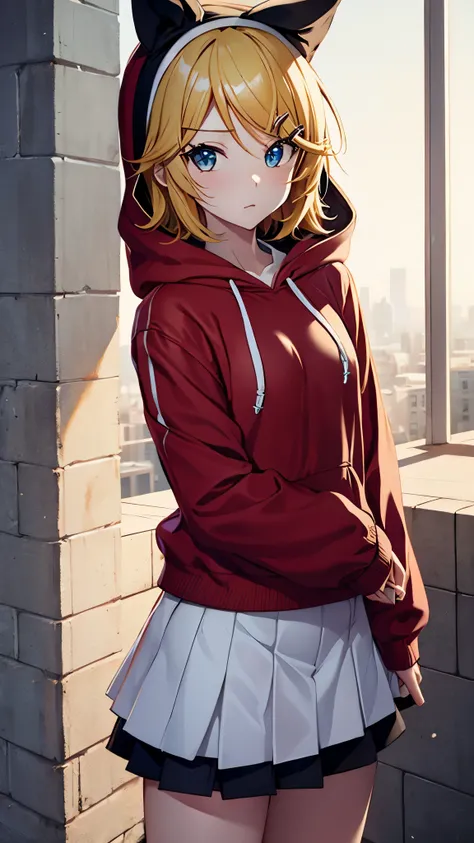 Kagamine rin , 1 girl , wearing a red hooded sweater , white miniskirt with gold horizontal lines , viendo al espectador , bragas visibles , rostro seductor ,(imagen de ultra alta calidad 8k ) obra maestra ( high-definition picture ) , maximum image resolu...