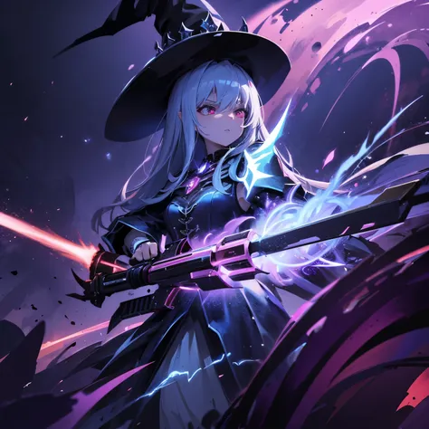 (Highly detailed 8K wallpaper), Medium shot of Loline Necromancer, particle lighting, high detail, dramatic, Gatling gun in hand, pretty background, Wearing a wizards hat, Top weapon in the background removed