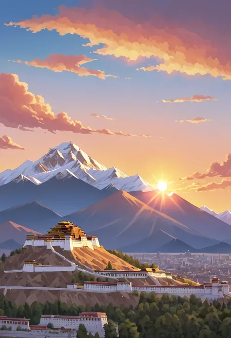 Potala Palace Sunset，Distant Mount Everest，The mysterious Potala Palace，Solemn and sacred，Majestic and glorious，Sunset，Sunset，cloud，