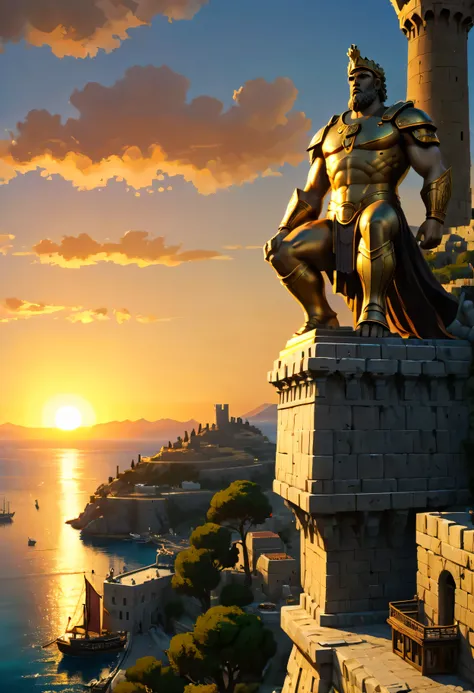 the corner castle terrace overlooks ancient city of rhodes with view of the port, mesmerizing colossus of rhodes bathed by sunse...