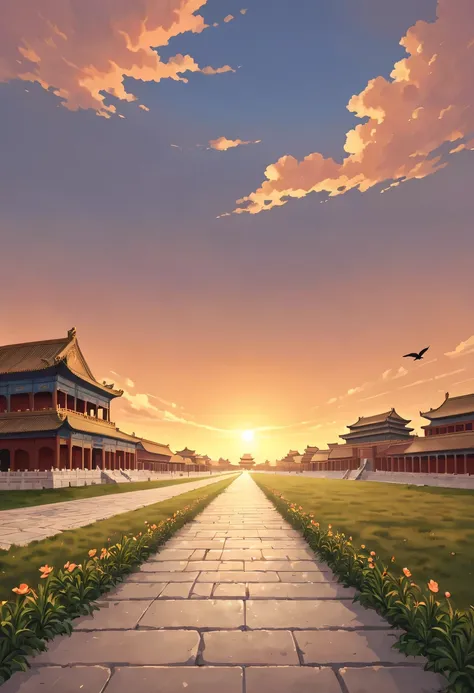 Gaze at the distant skyline，那Sunset余晖与古老的the forbidden city映造出一道美丽的风景，Ancient road westerly wind，the forbidden city，Sunset，Sunset，cloud，fallen flowers，ancient city，dead tree，mottled，grassland，Silent and desolate，Old crow