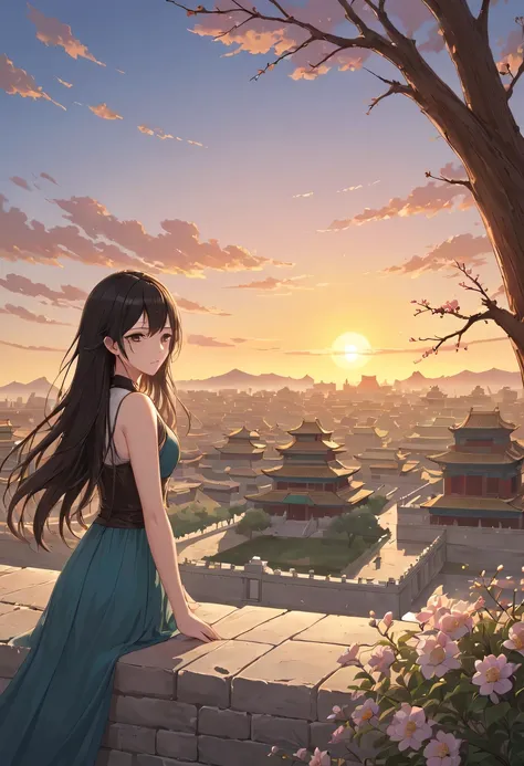 1 girl，模特拍照姿势站在ancient city房屋的顶端，flowing long hair，Gaze at the distant skyline，那Sunset余晖与古老的the forbidden city映造出一道美丽的风景，west wind blows girl&#39;Long hair on the ancient road，the forbidden city，Sunset，Sunset，cloud，fallen flowers，ancient city，dead tree，mot...