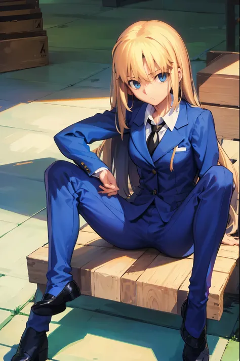 looking at the camera、sit with your knees up、spread your legs、pant suit、leaning forward